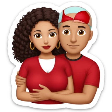 A picture of a sexy tanned couple embracing. the guy is Mexican, with a bald hair cut and he is wearing a red shirt. the girl is mixed, the girl is wearing a black shirt, the girl has curly longer dark brown hair and with big boobs  sticker