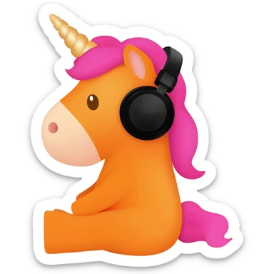 Unicornio bebé naranja sentado escuchando música con auriculares negros sticker
