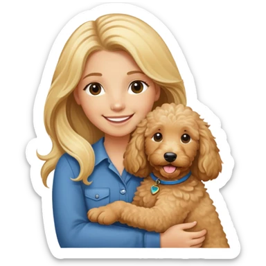 blonde girl long hair smiling holding tan goldendoodle sticker