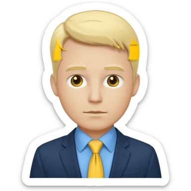 consulting man with hand with white skin and blonde hair with blue shirt and yellow tie and black blazer sticker