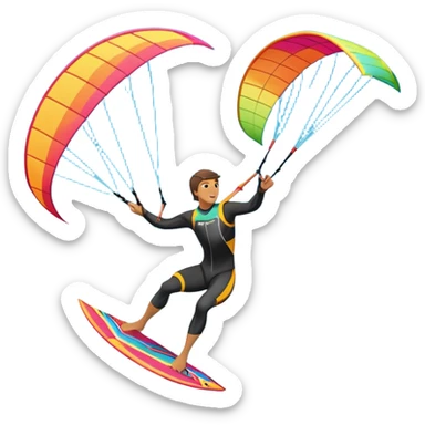 A kitesurfer soaring through the sky, harnessing the wind on a bright, colorful kite. The scene shows the surfer gliding over the water with the kite above, emphasizing the freedom, speed, and thrill of the sport in a dynamic coastal setting. sticker