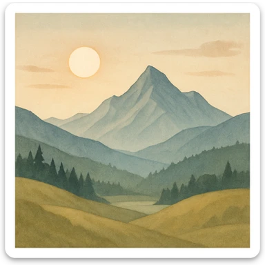 simple mountain landscape with sun, peaceful and scenic, general style sticker