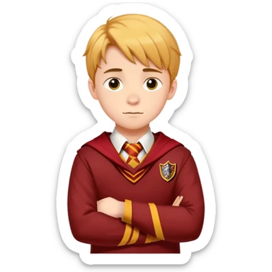 A teenage boy slightly to the side looking forward with crossed arms wearing the Gryffindor uniform sticker