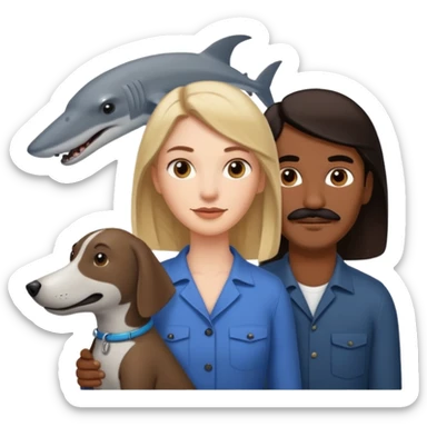 Quiero a una mujer blanca  con el pelo por el hombro lacio castaño claro con un hombre morochito con el pelo negro y bigote, y un perro blanco tipo perro cabeza de martillo sticker