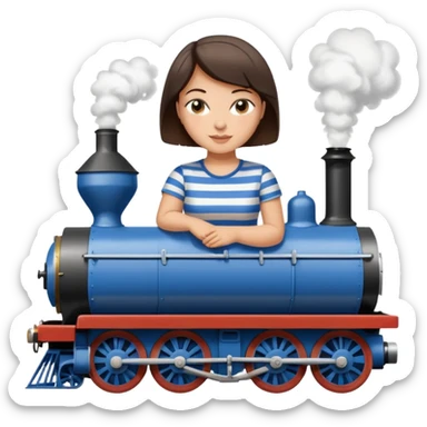 Pretty, sexy, slightly curvy white woman with short dark brown hair, wearing a blue and white striped tee shirt, riding a steam train sticker