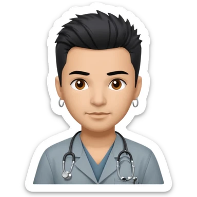 Dr. Efrén Rivera Santiago, a doctor with short spiked hair, gray scrubs, tattoos, and hook earrings, exudes professionalism and warmth. sticker