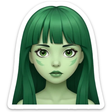queria um emoji de zumbi verde de uma garota, olhos pretos, cabelos escuros e longos, com uma franja acima da sobrancelha  sticker