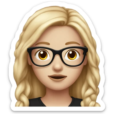 Hyperrealistic white girl with long blush hair with black glasses on, she is wearing a bla sticker