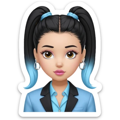 generate a pretty bratz girl wearing a light blue full sleeve shirt. silver small hoops, pink lipgloss, black blazer. black hair tied up in a ponytail sticker