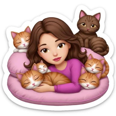 girl with long wavy brown hair, brown eyes, long lashes makeup, sexy pink lips, sleeping on a cozy pillow with 6 cats sticker