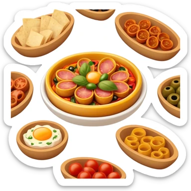 Cinematic Realistic Tapas Dish Emoji, depicted as an assortment of small, flavorful Spanish appetizers rendered with vibrant detail and warm, inviting lighting. sticker