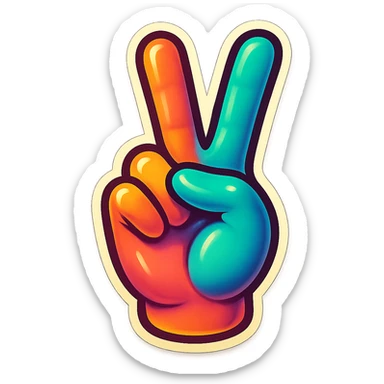 a peace sign hand gesture with colorful outlines, retro sticker style sticker