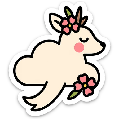 feminine adult vanilla cloud doe with rosy cheeks and cherry flowers, floating gracefully, minimalist style, brand identity, social media sticker
