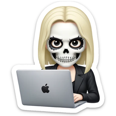 female Punisher skull with eyelashes working on a laptop sticker