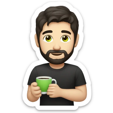 Handsome man with dark hair, holding an cup of coffee, gradient short hair on the side, green eyes. Thin face. Black t-shirt. A little beard. sticker