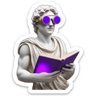 an EMOJI OF A ancient young greek statue reading a book, wearing VR glasses, purple colors, DIGITAL UNIVERSE sticker