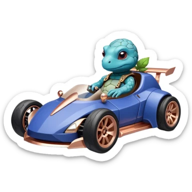 dark crystal blueberry and rosegold-accented cyber faceted-body electric drift-racing car driven by a small cute smoking relaxed turtle with rear spoiler, roll bar, and wheely bar sticker