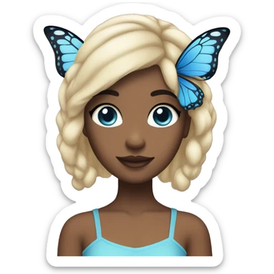 a girl with big black eyes and lightskin with jetblack butterfly cut hair and with blue fairy costume sticker