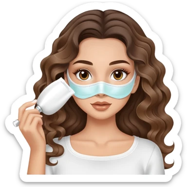 beautiful brunette with a light balayage white girl with nice curls/defined waves, very long hair, clean girl makeup APPLYING A FACE MASK FOR SELFCARE sticker