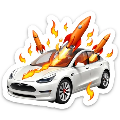 Tesla model 3 white. Two rockets mounted on roof flame backwards sticker