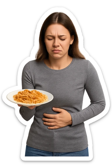 DONNA CON PIATTO DI PASTA IN MANO E MAL DI PANCIA, FA FATICA A DIGERIRE sticker