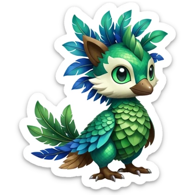 Cute cool fantasy animal hybrid Fakemon full body, green scales, green leaves, brown feathers, blue feathers sticker