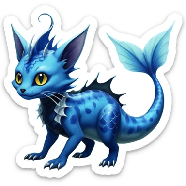 Epic complex abyssal fantasy swampy glorious detailed dark dusky gloomy deep gothic gloomy cobalt-blue-abyss-blue-black-greyish, realistic Fakémon-Sprigatito-Floragato-Meowscarada-Vaporeon-Salandit-Trico-Sergal-Serval-Vernid-creature (full body) with mermaid-ears, tail fin, shiny sparkly, iridescent sticker