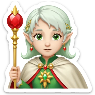 an elf with very white hair and two  pigtails on the side of her head, she has a curtain bang, green eyes, she has a white cape with golden borders and a scepter with a red orb, she has earrings that look like red drops sticker