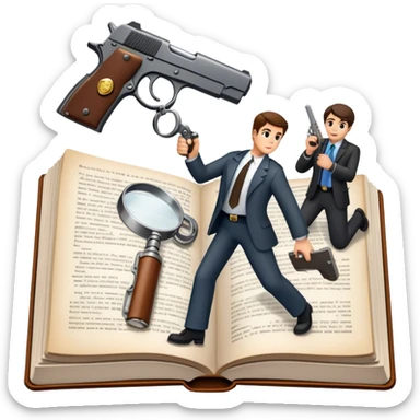 Icon for Action & Crime Reading: an open book with action-packed scenes on the pages, including detectives, chase scenes, and suspenseful moments. Add a gun, handcuffs, and a magnifying glass, while keeping the book as the main focus. Transparent background. sticker