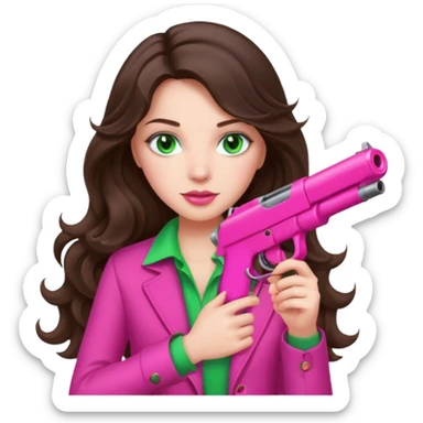 brunette girl with long wavy hair and green holding a hot pink gun sticker