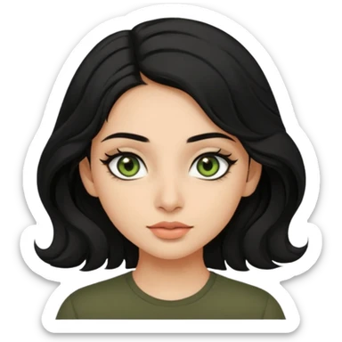 a pretty FAIR indian bratz girl with wavy black hair, wearing a black tee. eyeliner on, olive green eyes.  sticker