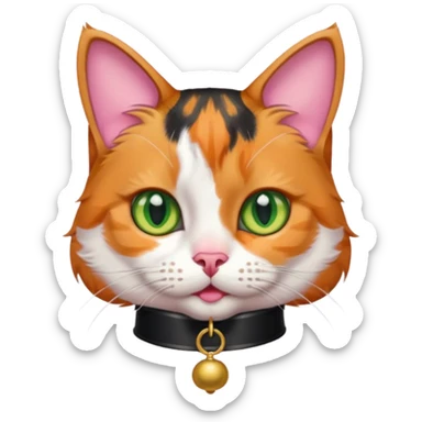 Cute calico tabby cat with green eyes, pink nose, and bold orange-white-brown fur. Wears a black collar with a bell. Expressive and sassy. sticker