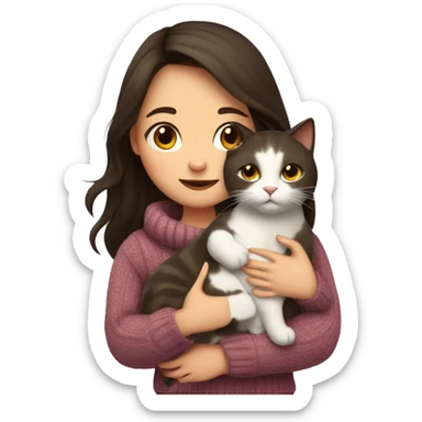 a girl with long dark brown hair, in a sweater, hugs a cat. sticker