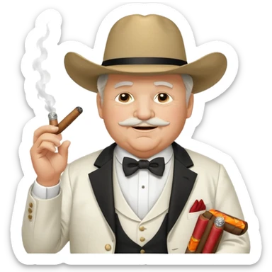 Create an emoji of an older, chubby man wearing an elegant all‑white suit with white waistcoat, white bow tie, and a large white cowboy hat. He is smirking confidently and holding a lit cigar in one hand in front of his chest. The character should look like a greedy, arrogant rich politician. sticker