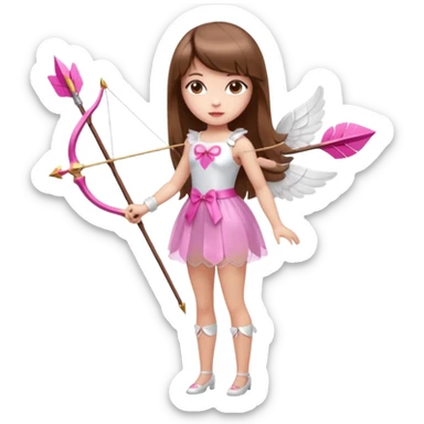 Hada de piel clara cupido pequeña  de cabello largo lacio castaño con flequillo y ojos cafés  vestida con algo sensual semitransparente corto color blanco o rojo con 1 arco y una sola flecha que combinen y labios rositas tipo Barbie pero en hada cupido de cuerpo completo de pies a cabeza   sticker