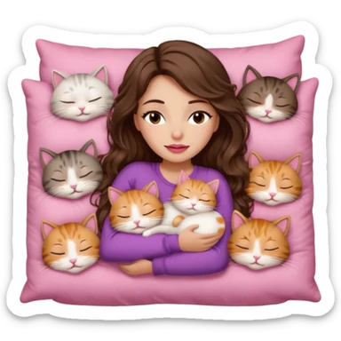 girl with long wavy brown hair, brown eyes, long lashes makeup, sexy pink lips, light to medium complexion,  sleeping on a cozy pillow, with 6 cute cats, sleeping sticker