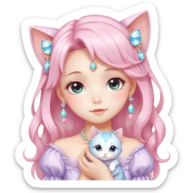  dreamy-pretty-elegant-kawaii-shiny-blushing-shy-pastel-lady-kawaii-beautiful-hair-naturecore-fairycore-cottagecore-jewels-trending-aesthetic -kitten sticker