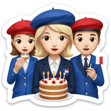 a french style elegant girl being recorded by 2 elegant guys with a french flag  and the girl eating a cake sticker