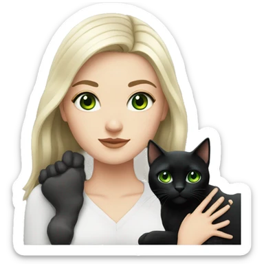White girl with black hair with a black cat with green eyes  sticker