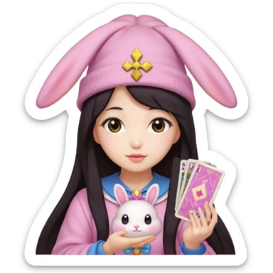 pixel art chibi asian girl with dark long hair in pink bunny hat magical girl with kawaii tarot cards thrown in air pixel emoji sticker
