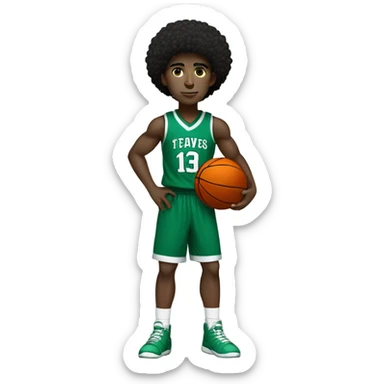 Muscular black Afro light-skinned skinned male teenager in a green basketball uniform holding a basketball.  sticker