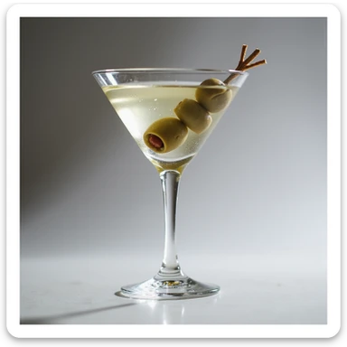 realistic martini cocktail in clear glass with olive garnish, photorealistic style sticker