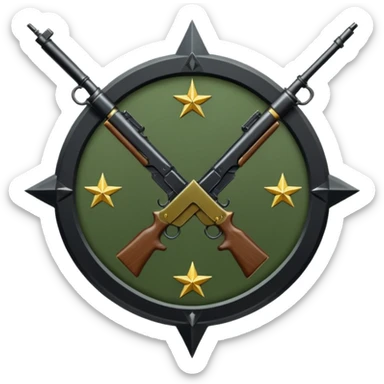 Insignia militar realista para videojuegos de guerra (estilo Delta Force), forma de escudo metálico con bordes desgastados. Incluye:

Símbolo: [fusiles cruzados / águila / estrellas / espada] Insignia redonda con fusil cruzado y una estrella, metal rayado, verde oliva y negro. sticker