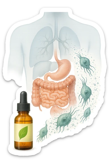 A realistic, high-quality medical illustration showing microscopic parasites leaving the human intestines, symbolically dissolving and breaking apart, after the intake of natural kinesiological drops. The drops are shown in a small amber glass dropper bottle in the foreground with a green leaf on the label, emitting a subtle glow symbolizing detox and cleansing. The background depicts a semi-transparent human silhouette with a highlighted digestive tract, showing clean, healthy intestines, while parasites in translucent fading colors are moving out, symbolizing elimination. The atmosphere is clean, fresh, and conveys a sense of natural healing, detoxification, and hope. sticker