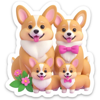 corgi family together: male, female with pink bow, and small puppy with flower, all looking happy sticker