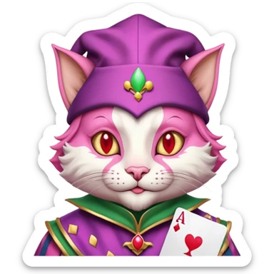 court jester cat medieval, single poker card joker clearly visible, pink, face only, court jester cap sticker
