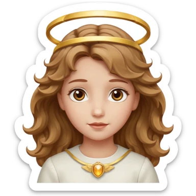 Angel girl with light brown wavy hair and hazel eyes and a halo sticker