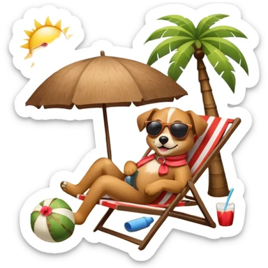 a dog laied on a beach chair, a sunny beach, a sun umbrella, and beach coconut trees. the icon should capture the essence of a relaxing beach vacation with a carefree atmosphere sticker