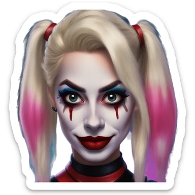 Synthwave Harley Quinn in Uncle Scrooge style, oil paint, mysterious eyes, intricate lips, masterpiece top portrait, beautiful, desirable, logical sticker