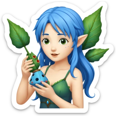 forest fairy woman with blue hair playing leaf-shaped ocarina sticker
